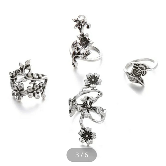 Flower Ring Set Silver Tone 4 Rings - Picture 8 of 10